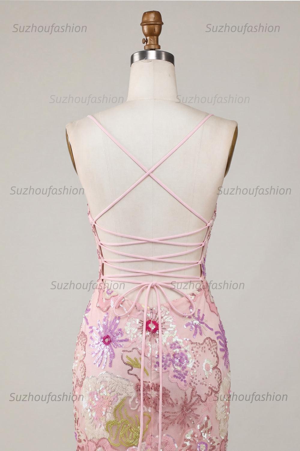 Suzhoufashion Pink Sequin Floral Spaghetti Straps Tight Short Homecoming Dress
