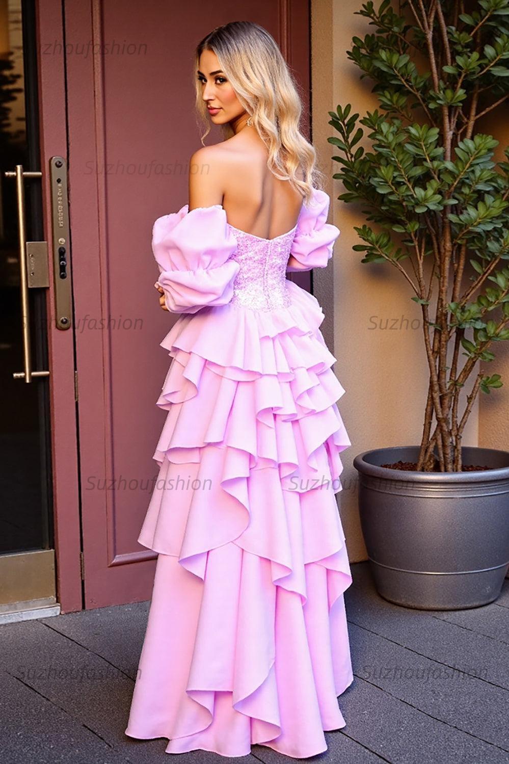 Suzhoufashion Pink Sequin Tiered A-Line Strapless High-Low Homecoming Dress