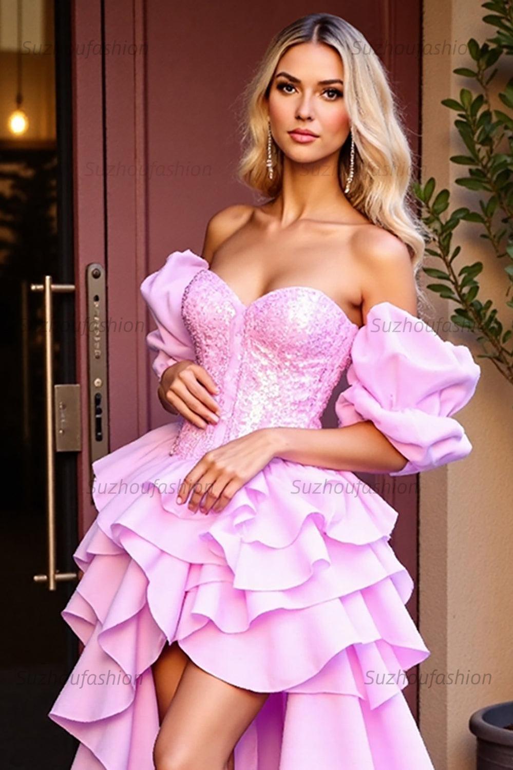 Suzhoufashion Pink Sequin Tiered A-Line Strapless High-Low Homecoming Dress