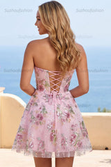 Suzhoufashion Pink Strapless Floral Beaded A-Line Corset Short Homecoming Dress