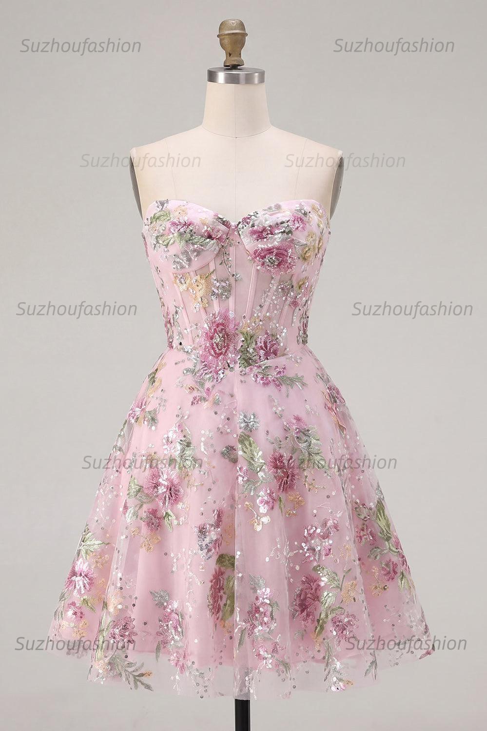 Suzhoufashion Pink Strapless Floral Beaded A-Line Corset Short Homecoming Dress