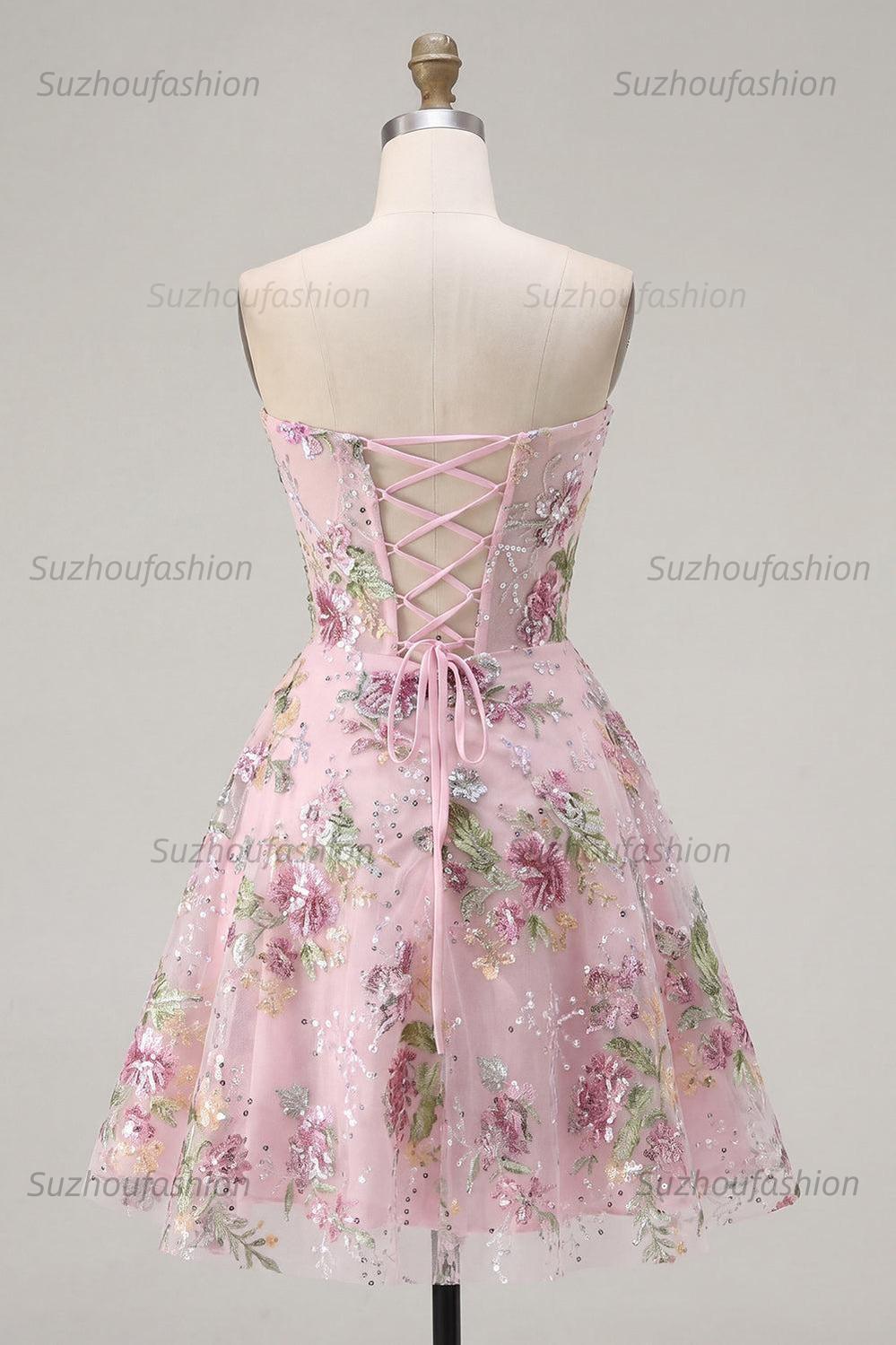Suzhoufashion Pink Strapless Floral Beaded A-Line Corset Short Homecoming Dress