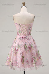 Suzhoufashion Pink Strapless Floral Beaded A-Line Corset Short Homecoming Dress