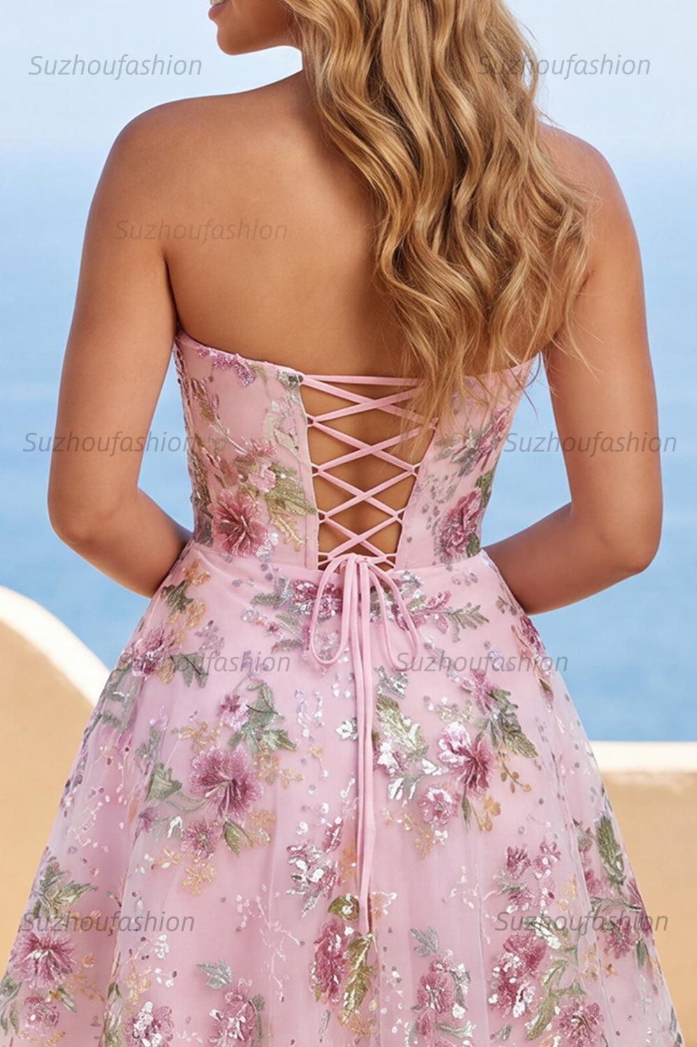 Suzhoufashion Pink Strapless Floral Beaded A-Line Corset Short Homecoming Dress