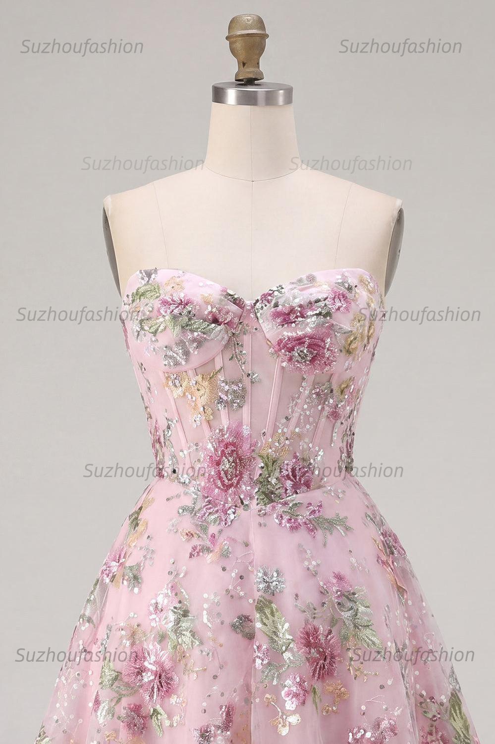 Suzhoufashion Pink Strapless Floral Beaded A-Line Corset Short Homecoming Dress