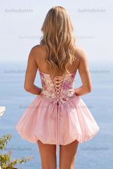 Suzhoufashion Pink Strapless Floral Beaded A-Line Short Homecoming Dress
