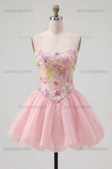 Suzhoufashion Pink Strapless Floral Beaded A-Line Short Homecoming Dress