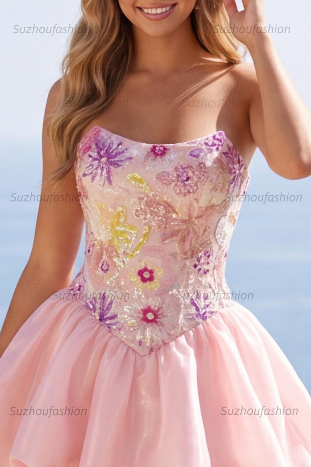 Suzhoufashion Pink Strapless Floral Beaded A-Line Short Homecoming Dress