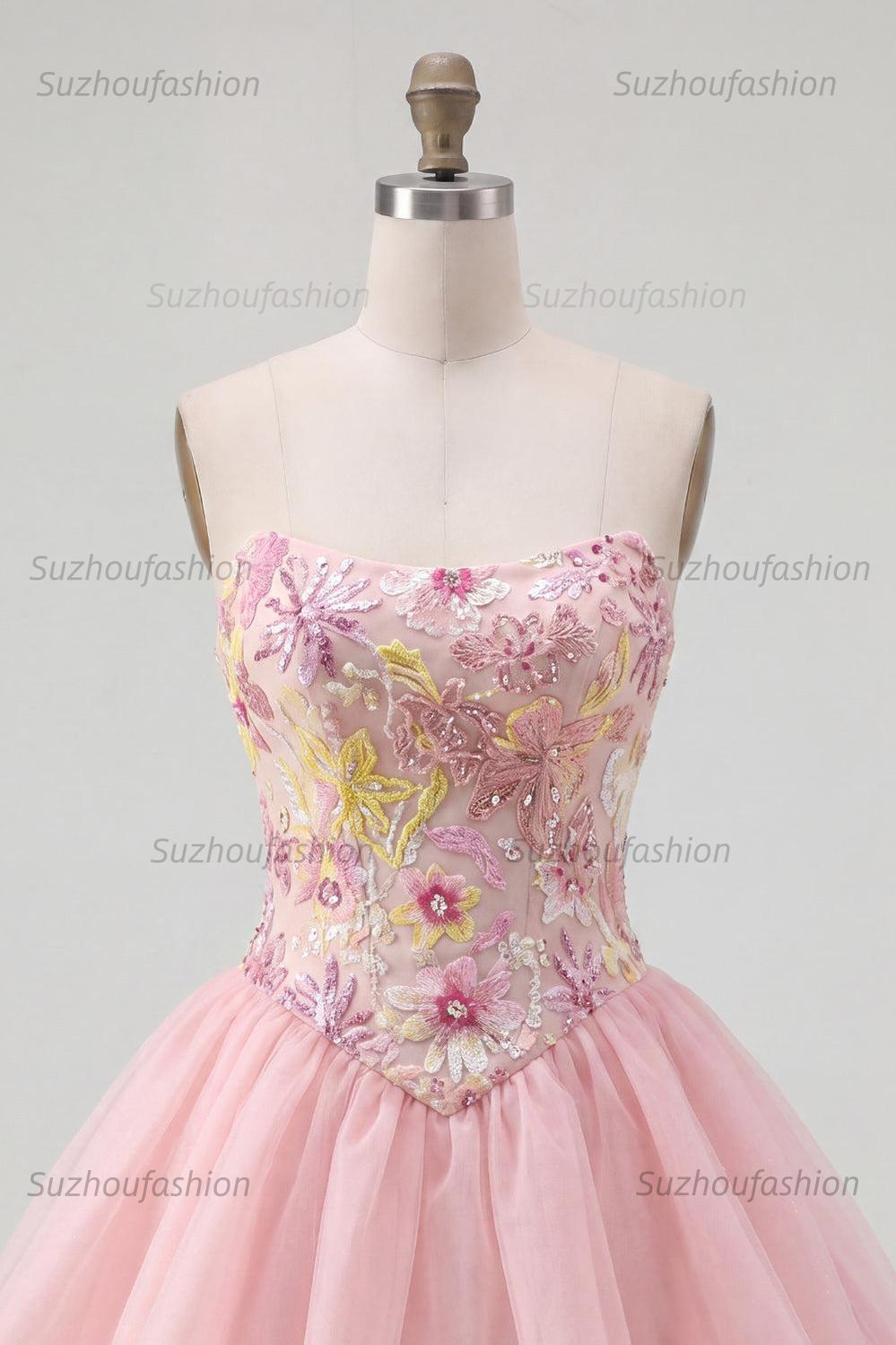 Suzhoufashion Pink Strapless Floral Beaded A-Line Short Homecoming Dress
