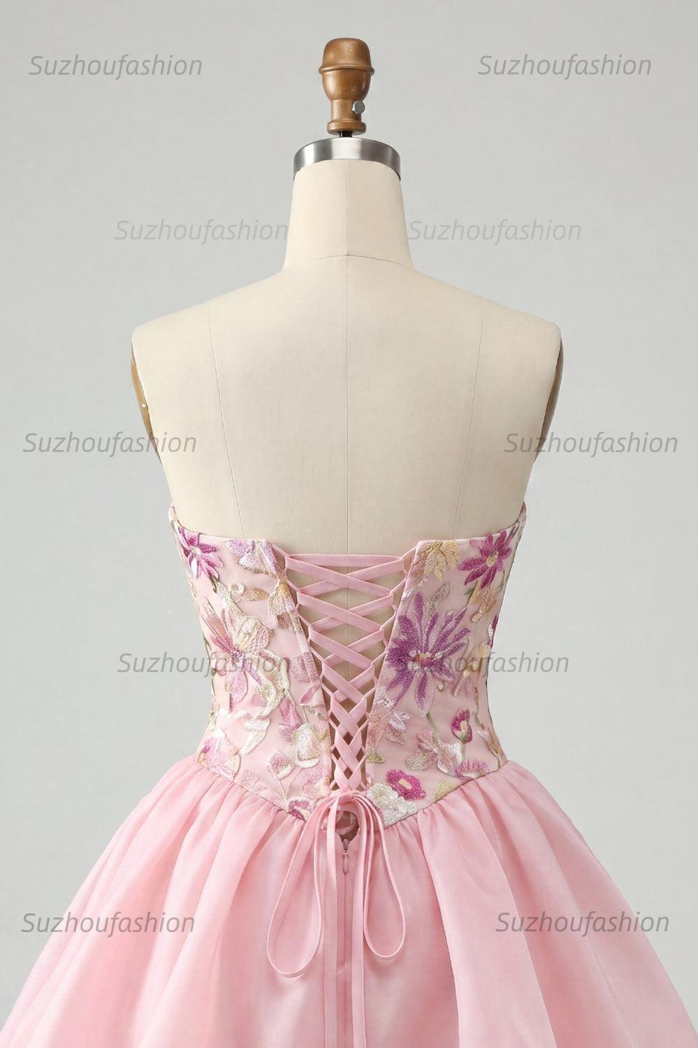 Suzhoufashion Pink Strapless Floral Beaded A-Line Short Homecoming Dress