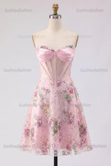 Suzhoufashion Pink Strapless Floral Beaded Corset A-Line Short Homecoming Dress