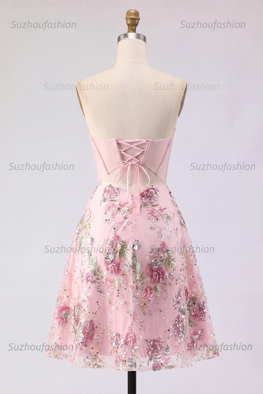 Suzhoufashion Pink Strapless Floral Beaded Corset A-Line Short Homecoming Dress