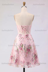 Suzhoufashion Pink Strapless Floral Beaded Corset A-Line Short Homecoming Dress