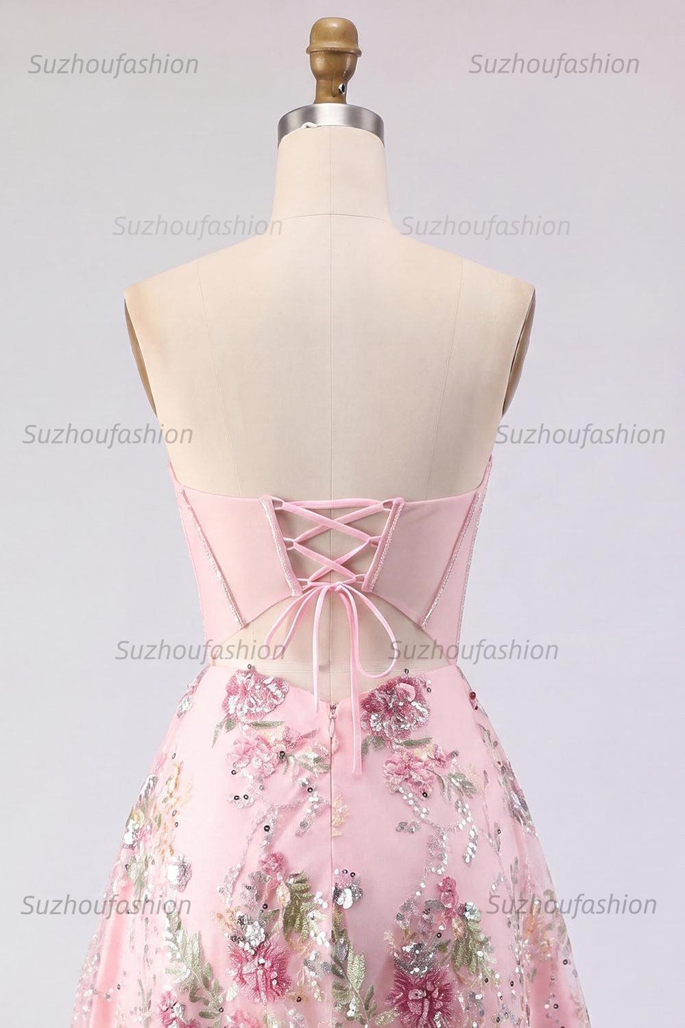 Suzhoufashion Pink Strapless Floral Beaded Corset A-Line Short Homecoming Dress