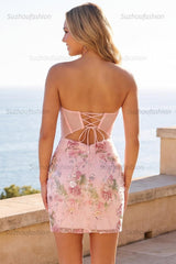 Suzhoufashion Pink Strapless Floral Beaded Corset Tight Short Homecoming Dress
