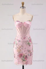 Suzhoufashion Pink Strapless Floral Beaded Corset Tight Short Homecoming Dress
