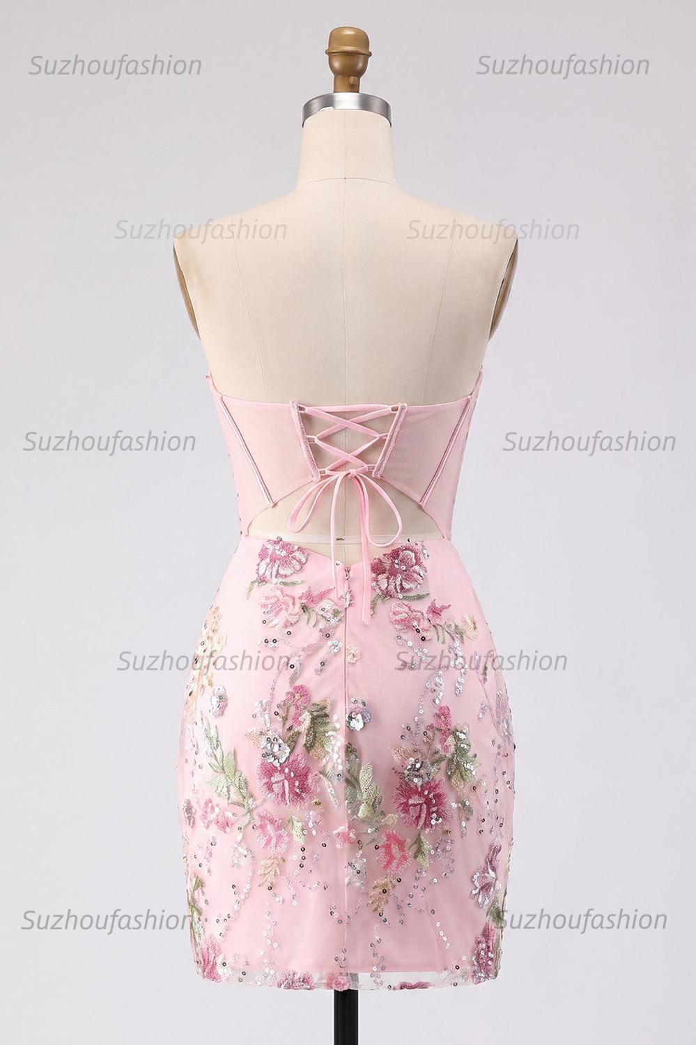Suzhoufashion Pink Strapless Floral Beaded Corset Tight Short Homecoming Dress