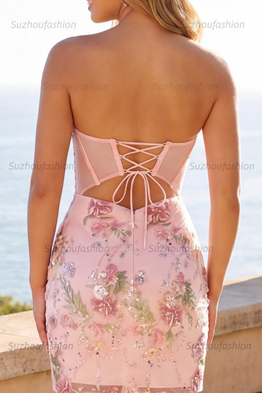 Suzhoufashion Pink Strapless Floral Beaded Corset Tight Short Homecoming Dress