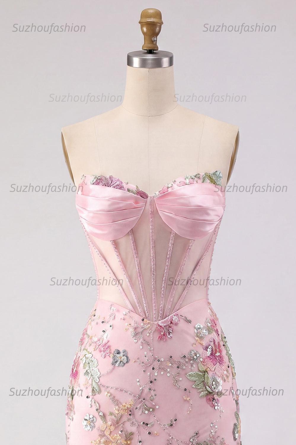 Suzhoufashion Pink Strapless Floral Beaded Corset Tight Short Homecoming Dress