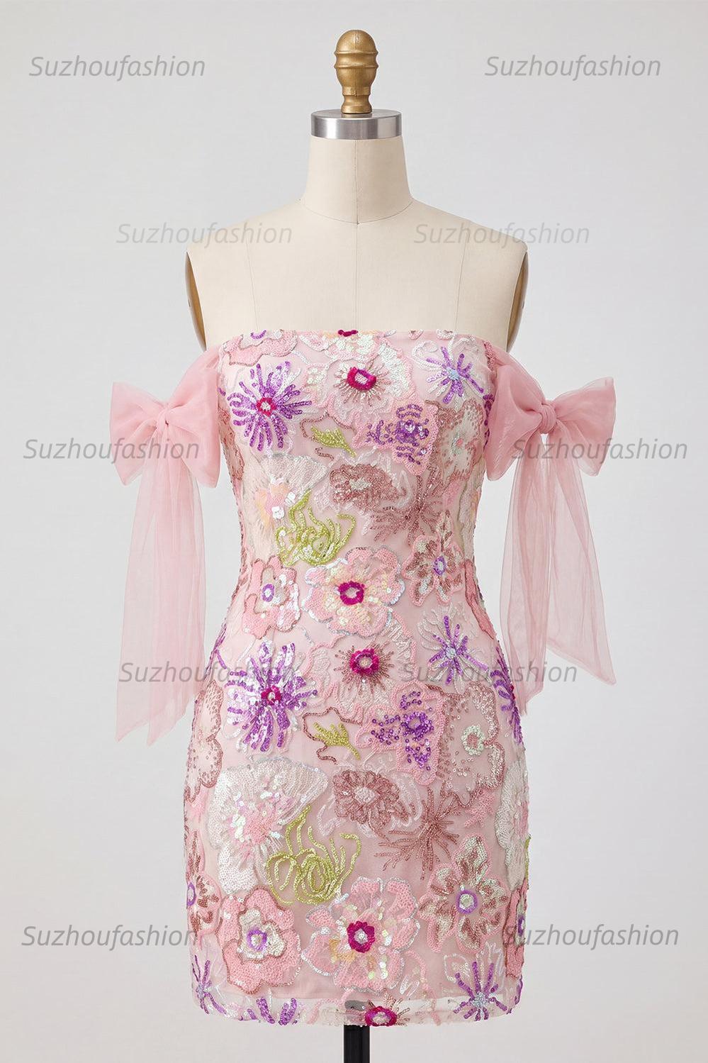 Suzhoufashion Pink Strapless Floral Beaded Tight Short Homecoming Dress with Bows