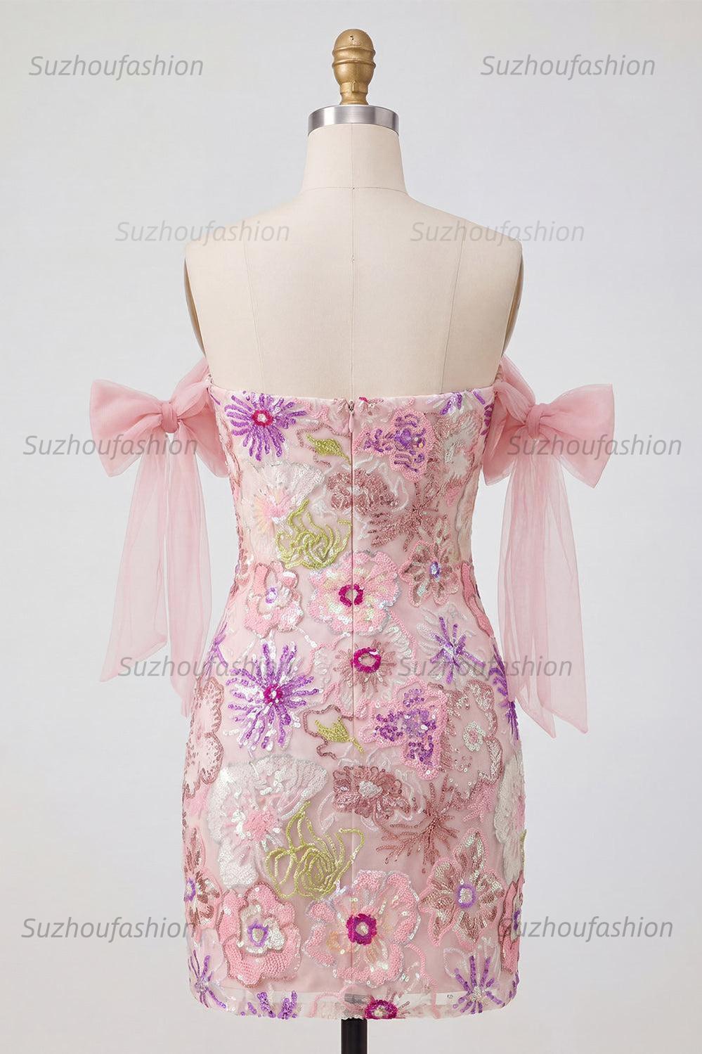 Suzhoufashion Pink Strapless Floral Beaded Tight Short Homecoming Dress with Bows