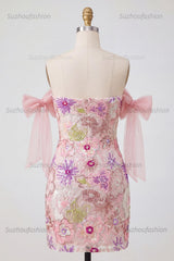 Suzhoufashion Pink Strapless Floral Beaded Tight Short Homecoming Dress with Bows