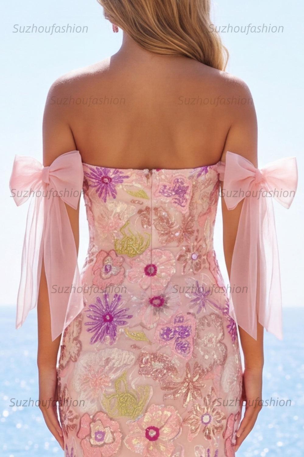 Suzhoufashion Pink Strapless Floral Beaded Tight Short Homecoming Dress with Bows