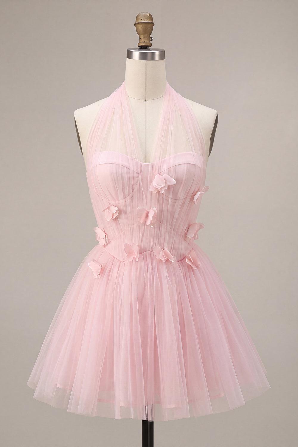 Suzhoufashion Pink Tulle A-Line Halter Short Homecoming Dress with 3D Flowers