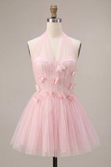 Suzhoufashion Pink Tulle A-Line Halter Short Homecoming Dress with 3D Flowers