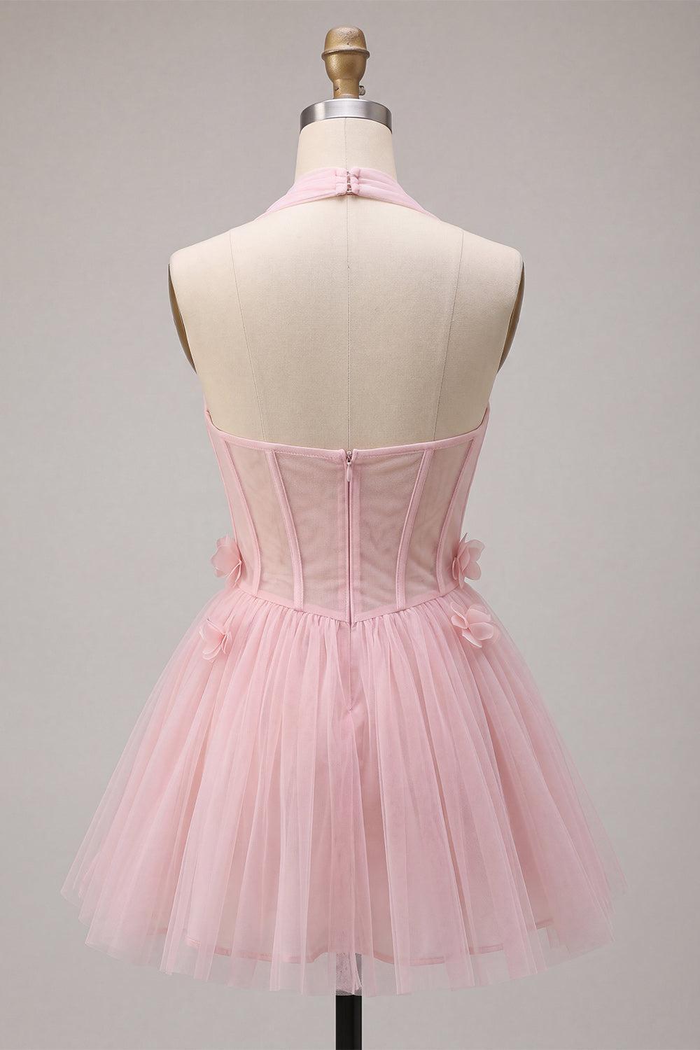 Suzhoufashion Pink Tulle A-Line Halter Short Homecoming Dress with 3D Flowers