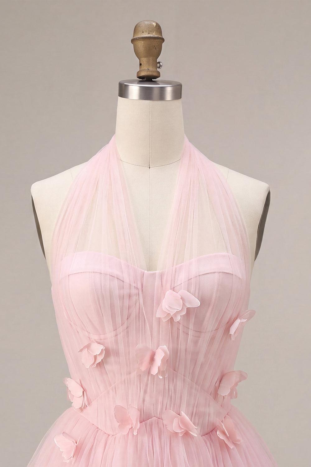 Suzhoufashion Pink Tulle A-Line Halter Short Homecoming Dress with 3D Flowers