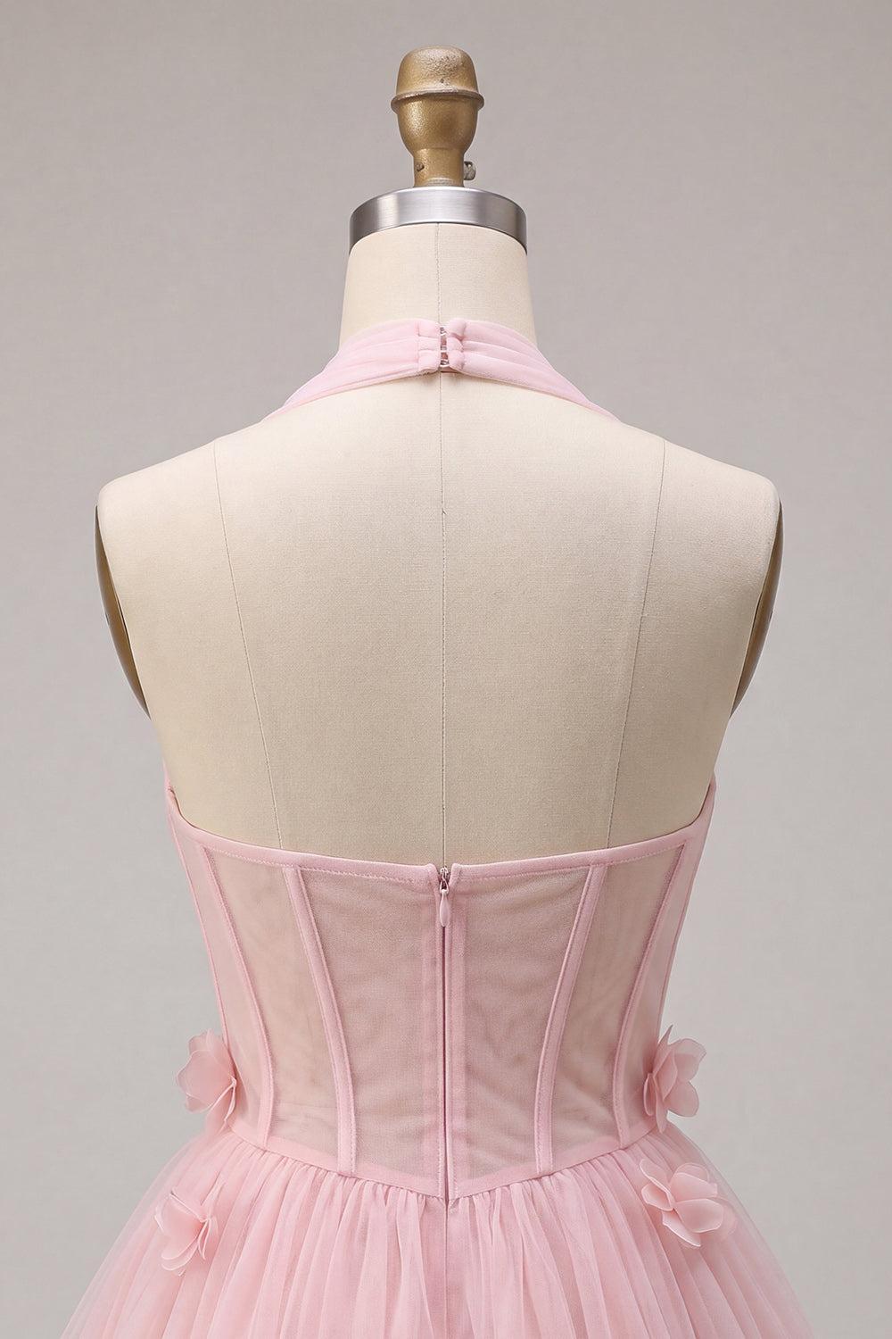 Suzhoufashion Pink Tulle A-Line Halter Short Homecoming Dress with 3D Flowers