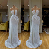 Suzhoufashion Plunging V-neck Sparkle White Sequined Strapless Evening Prom Dresses