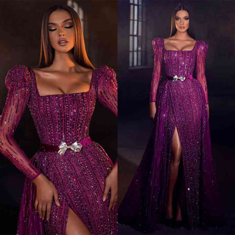 Suzhoufashion Pretty Purple Square Prom Dress Mermaid Long Sleeves Beadings With Split