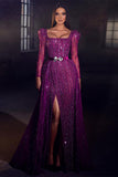 Suzhoufashion Pretty Purple Square Prom Dress Mermaid Long Sleeves Beadings With Split
