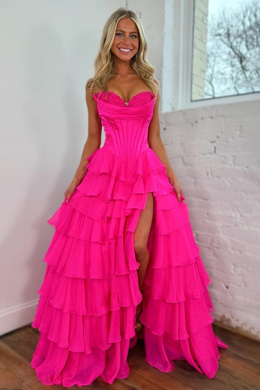 Suzhoufashion Pretty Sweetheart A-Line Satin Top Long Layered Chiffon Prom Dress With Slit Formal Evening Gown