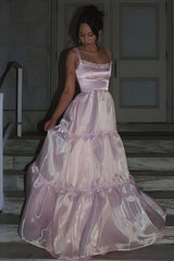 Suzhoufashion Princess A Line Spaghetti Straps Pink Long Prom Dress With Lace Ruffles Formal Evening Gown