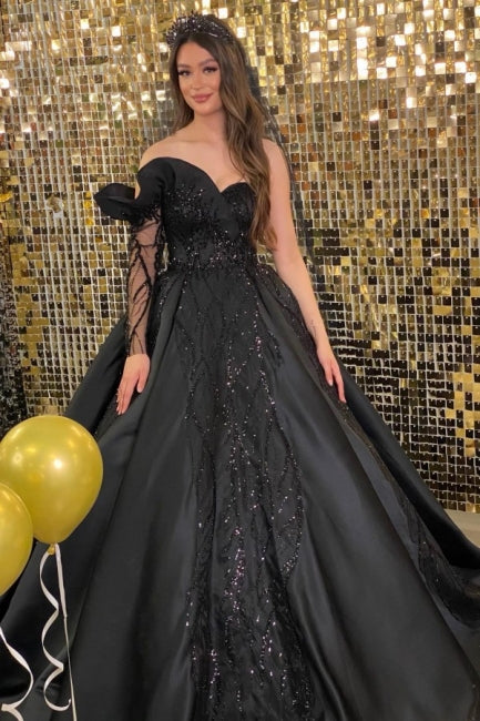Suzhoufashion Princess Black A-line Wedding Dresses With Beads With Long Sleeve