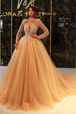 Suzhoufashion Princess Long Gold High Neck A-line Beading Evening Dresses With Long Sleeves