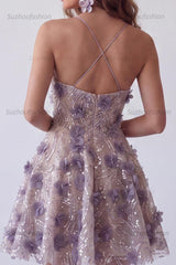 Suzhoufashion Purple Floral Beaded Halter A-Line Short Homecoming Dress