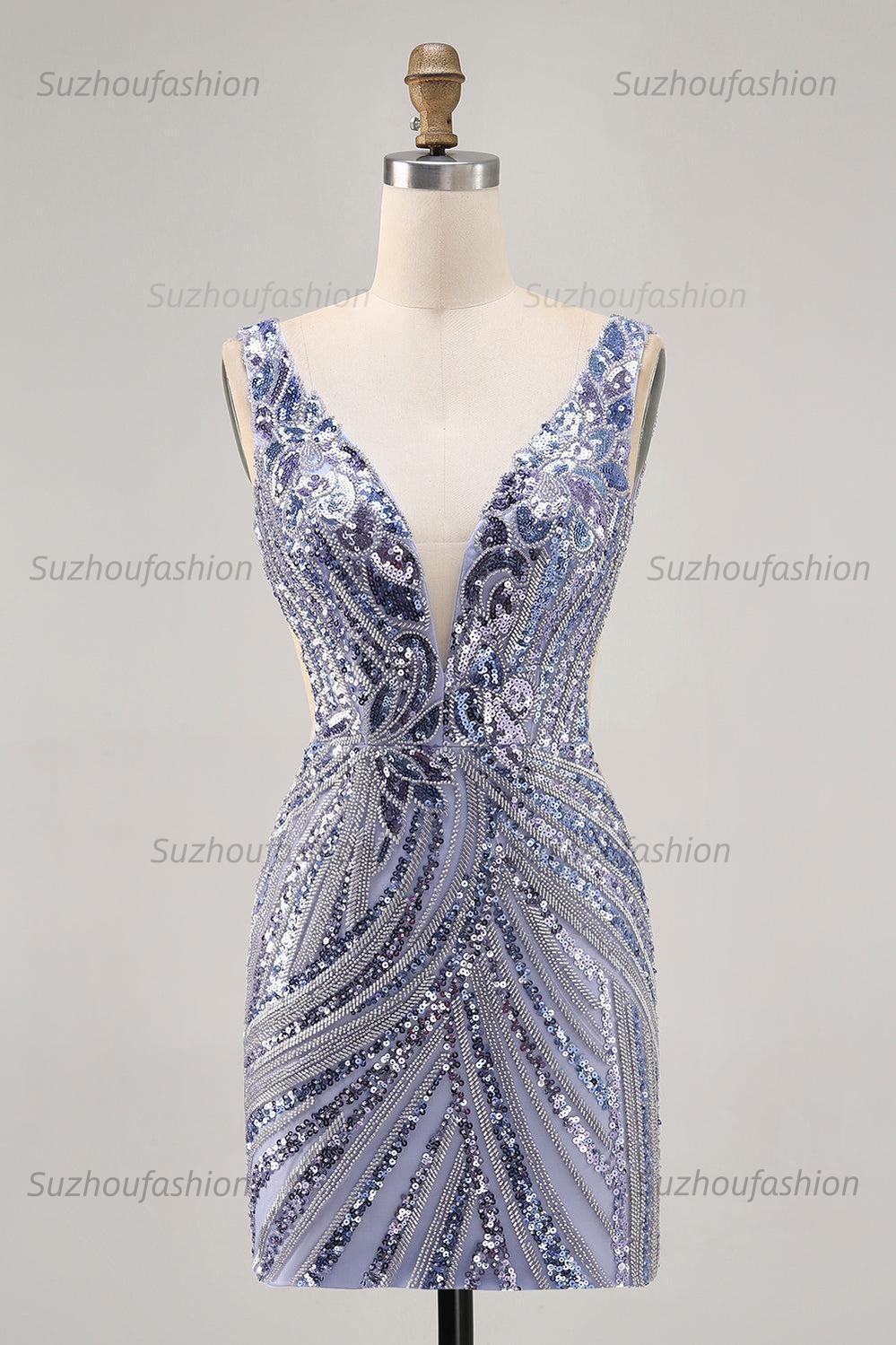Suzhoufashion Purple Sequin V-Neck Corset Short Homecoming Dress