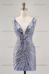 Suzhoufashion Purple Sequin V-Neck Corset Short Homecoming Dress