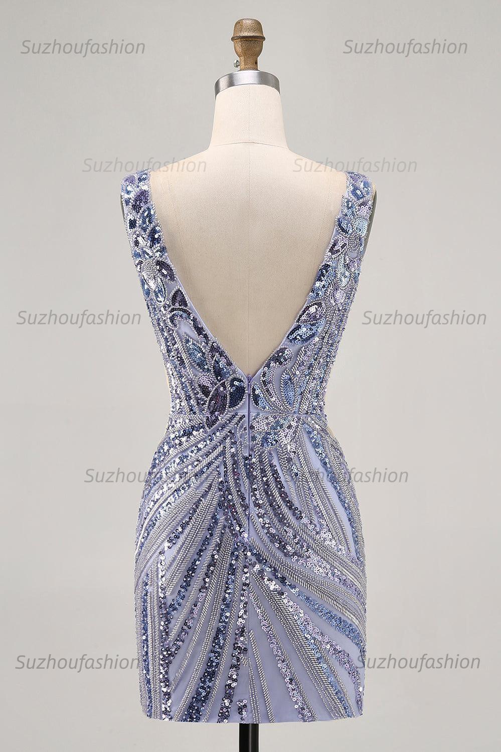 Suzhoufashion Purple Sequin V-Neck Corset Short Homecoming Dress