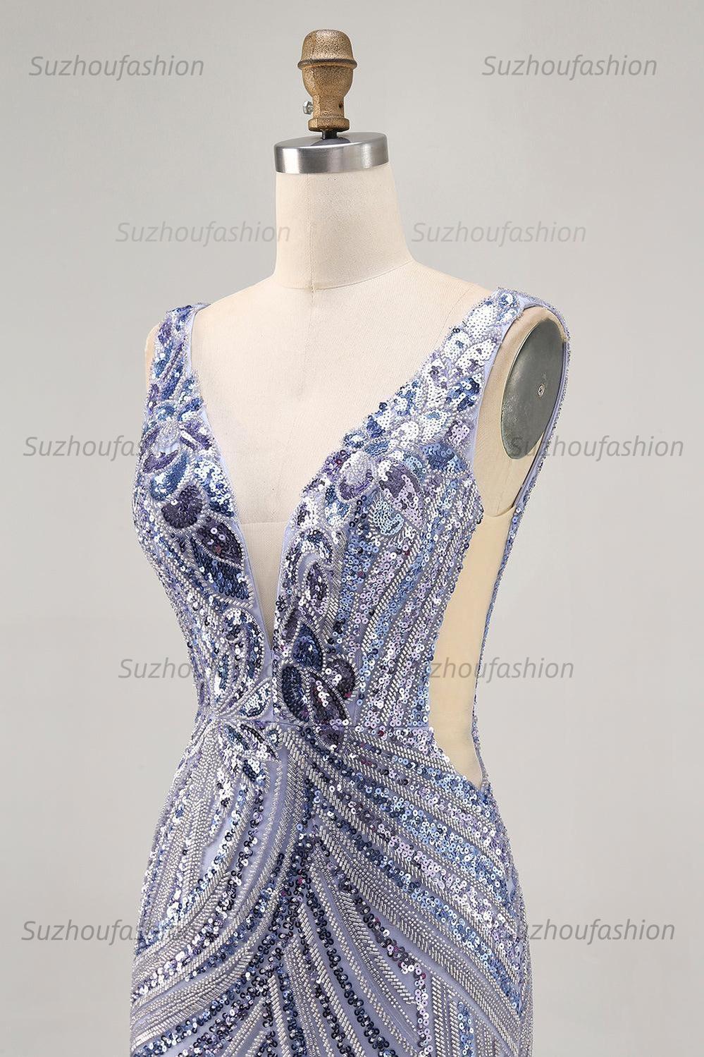 Suzhoufashion Purple Sequin V-Neck Corset Short Homecoming Dress