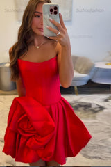 Suzhoufashion Red Floral Strapless Satin A-Line Corset Short Homecoming Dress