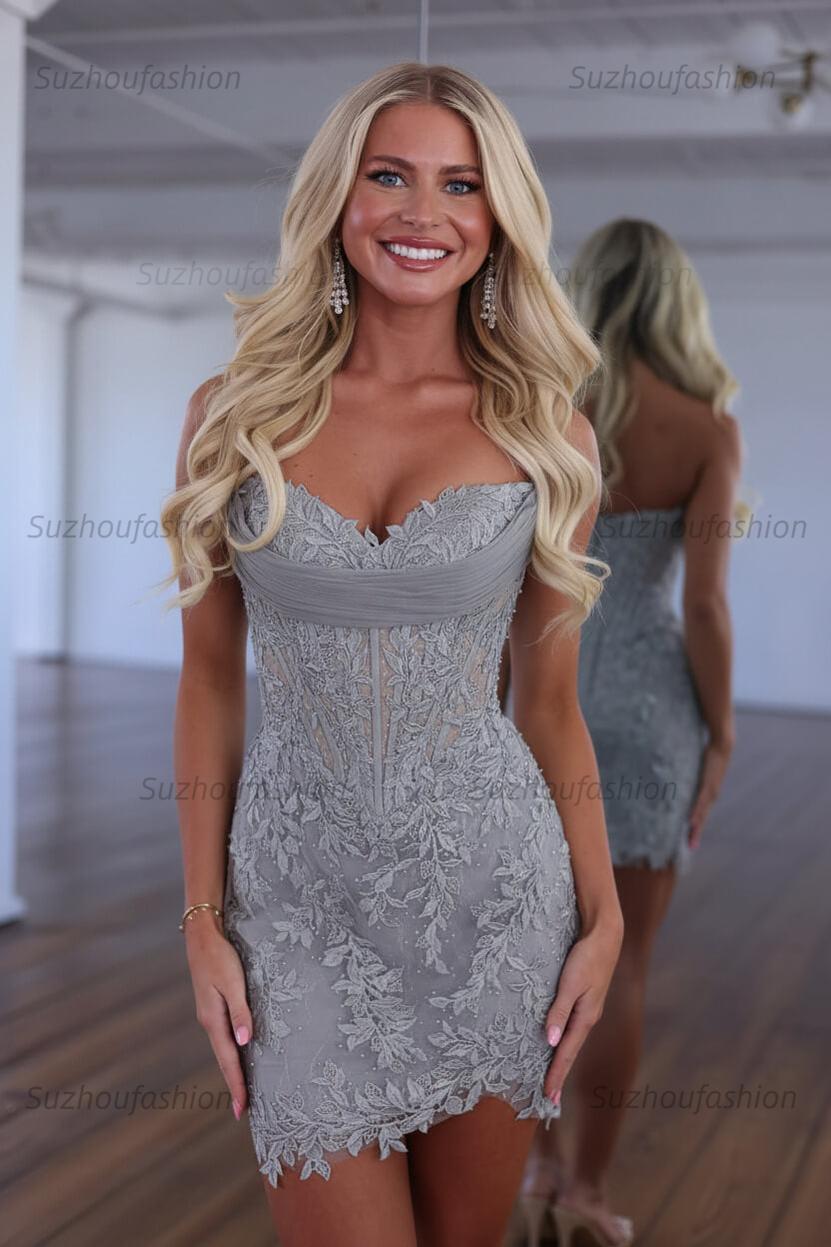 Suzhoufashion Red Lace Applique Strapless Corset Bodycon Homecoming Dress