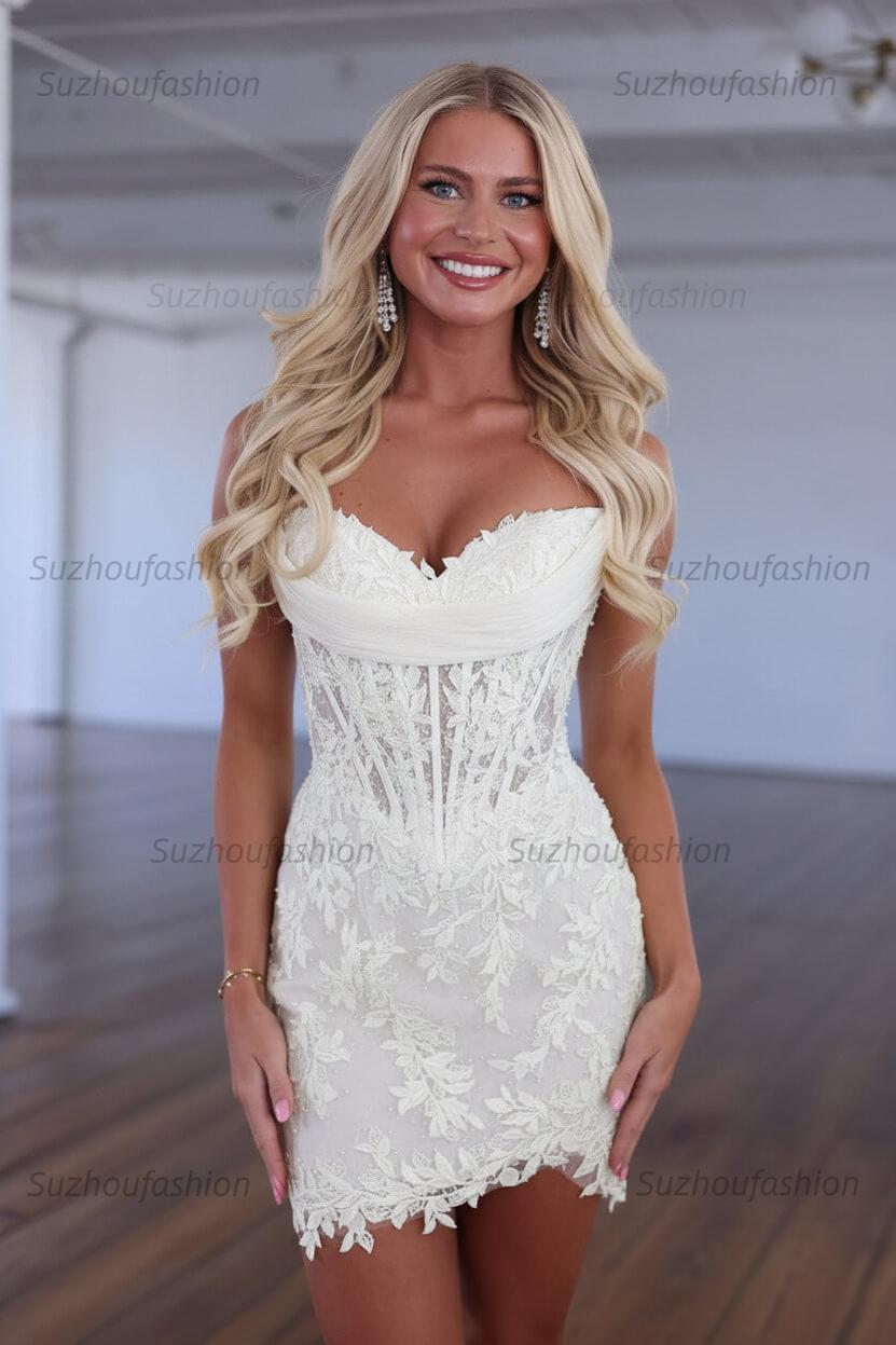 Suzhoufashion Red Lace Applique Strapless Corset Bodycon Homecoming Dress