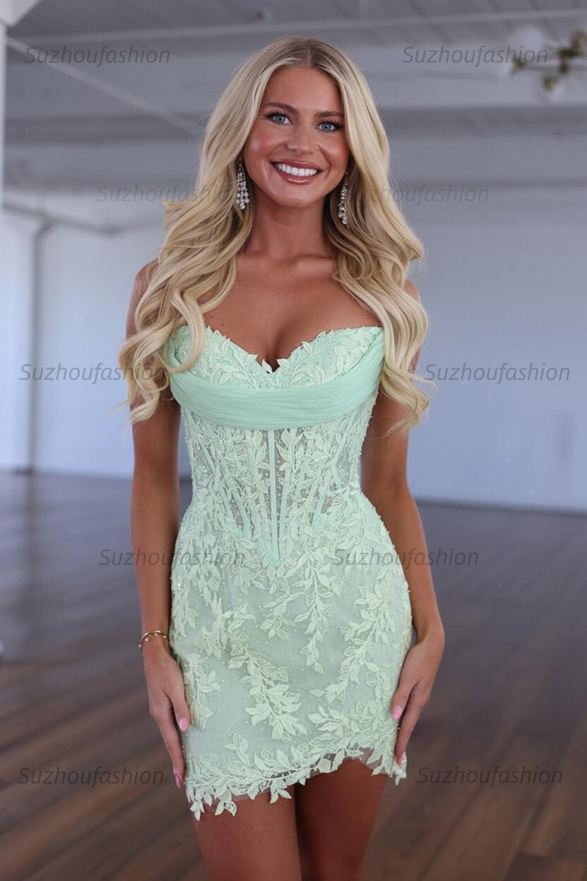 Suzhoufashion Red Lace Applique Strapless Corset Bodycon Homecoming Dress