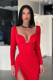 Suzhoufashion Red Long Sleeves V-Neck Evening Dress Mermaid With Slit On Sale