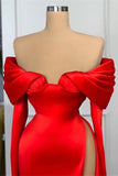 Suzhoufashion Red Off-the-Shoulder Long Sleeves Evening Prom Dresses Mermaid With High Split